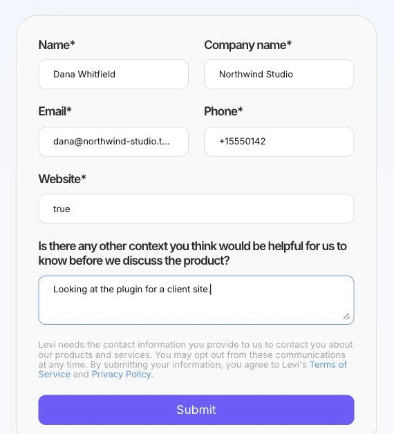 A custom multi-field form designed in Framer