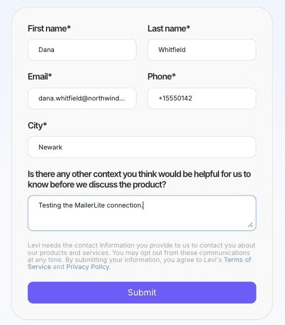A custom multi-field form designed in Framer