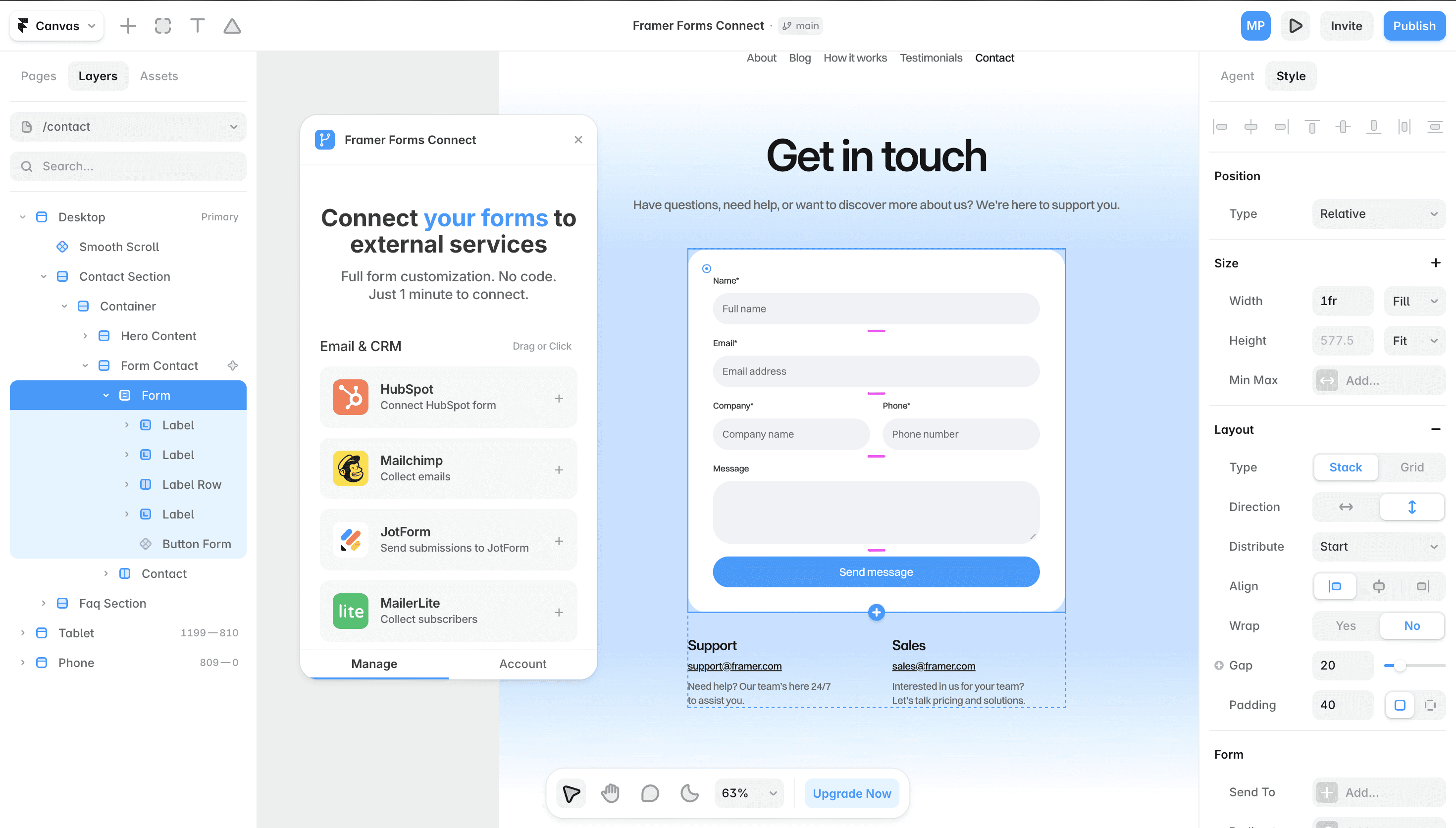 Framer Forms Connect open next to a contact form in the Framer canvas