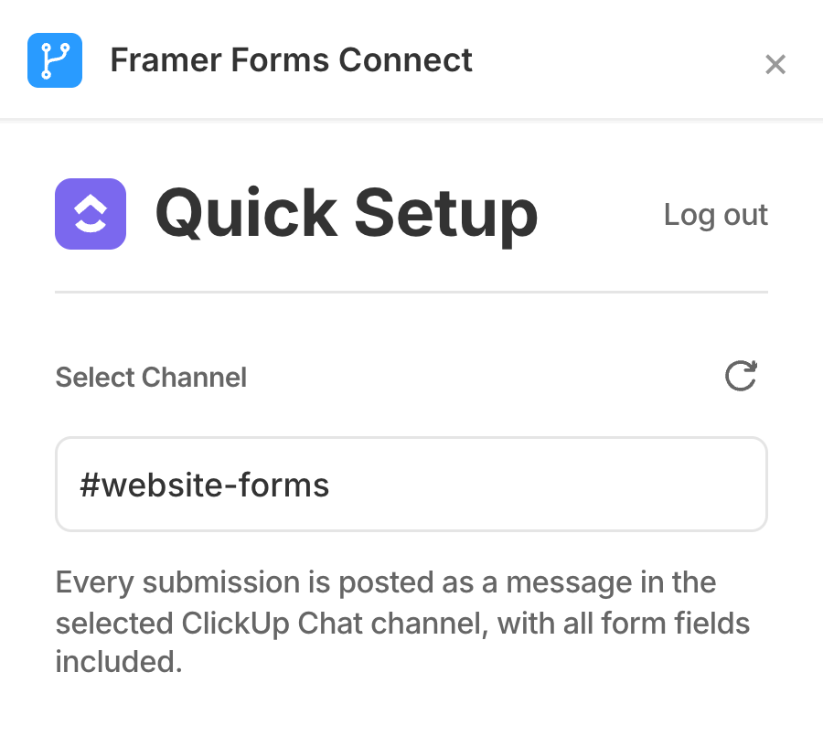 The plugin’s Select Channel dropdown with a ClickUp Chat channel picked