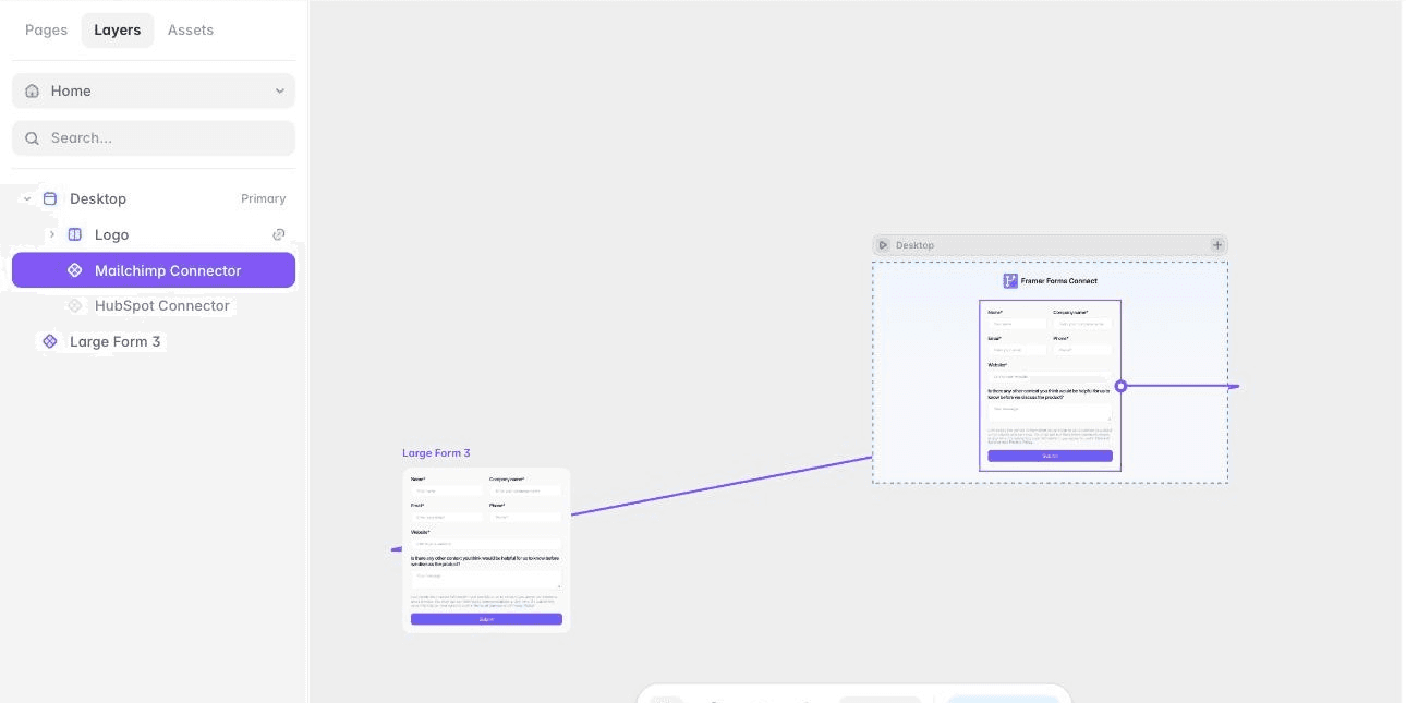 A custom multi-field form designed in Framer