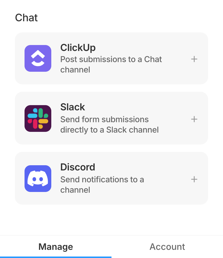 The Chat section of the Framer Forms Connect plugin listing ClickUp, Slack and Discord