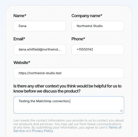 A custom multi-field form designed in Framer