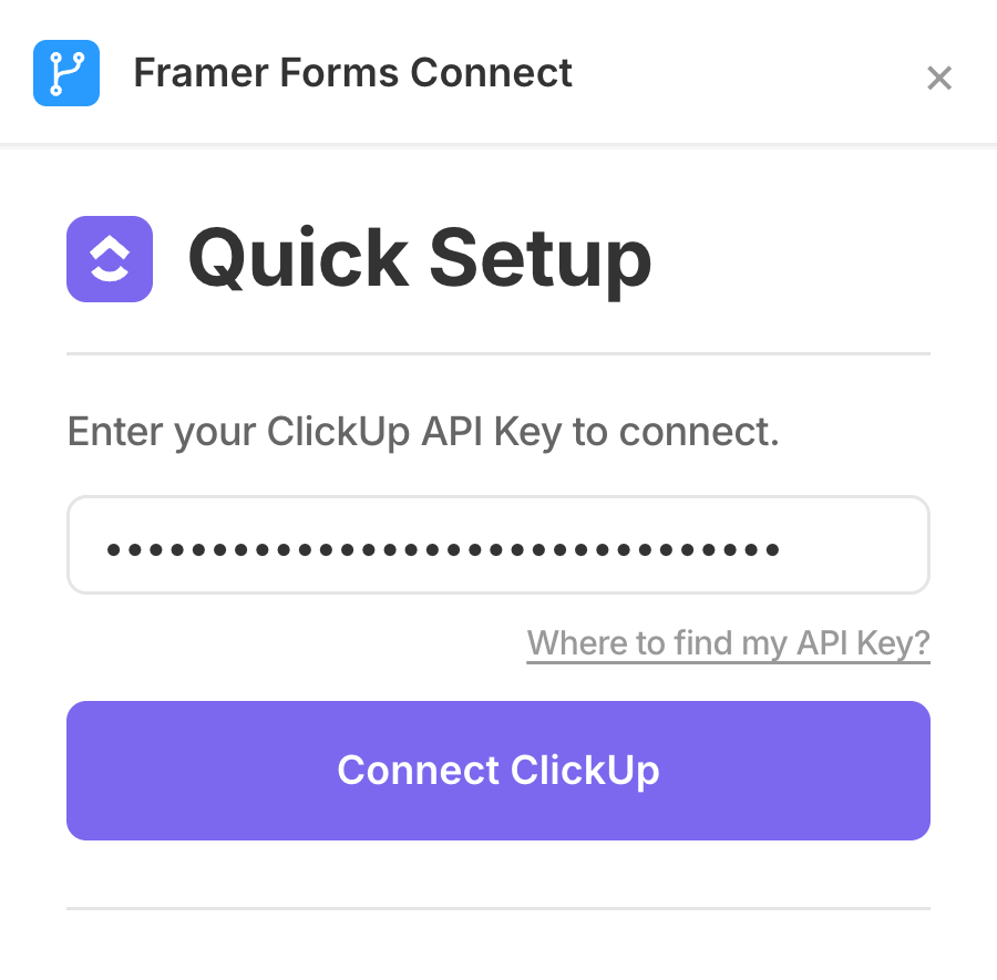Quick Setup panel in the plugin with the ClickUp API token field and the Connect ClickUp button