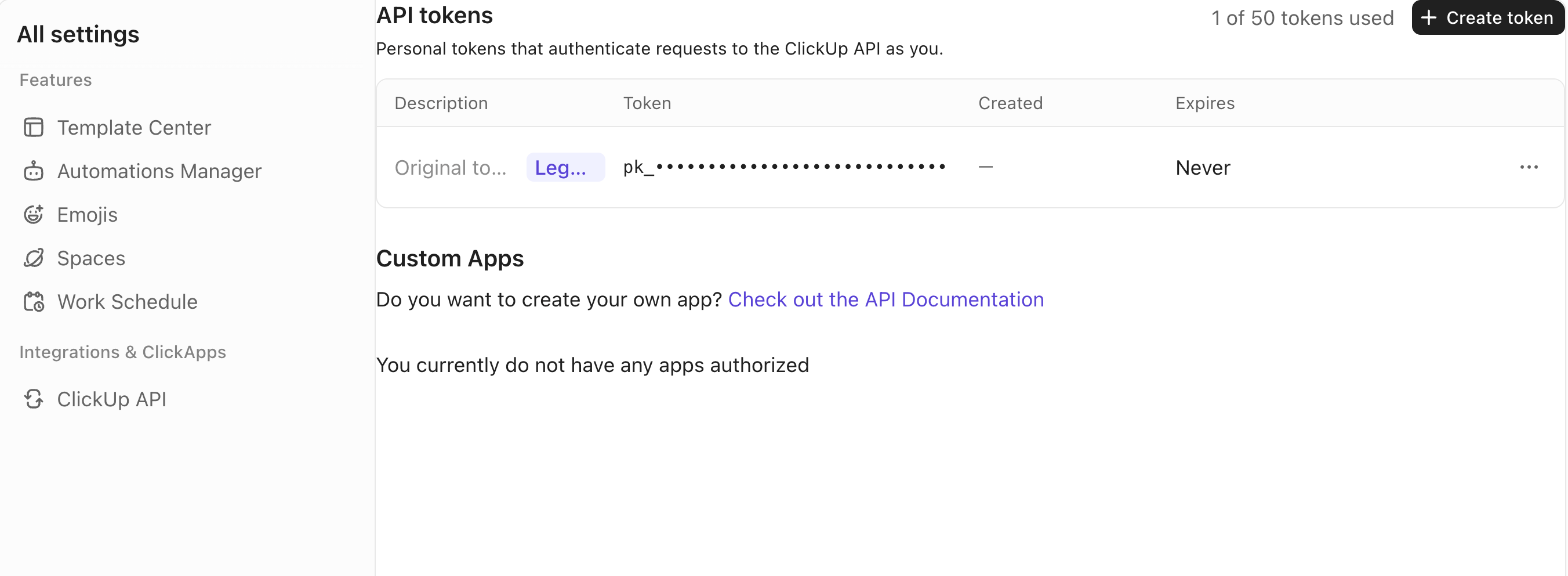 ClickUp’s Settings → ClickUp API page with the API tokens list and the Create token button