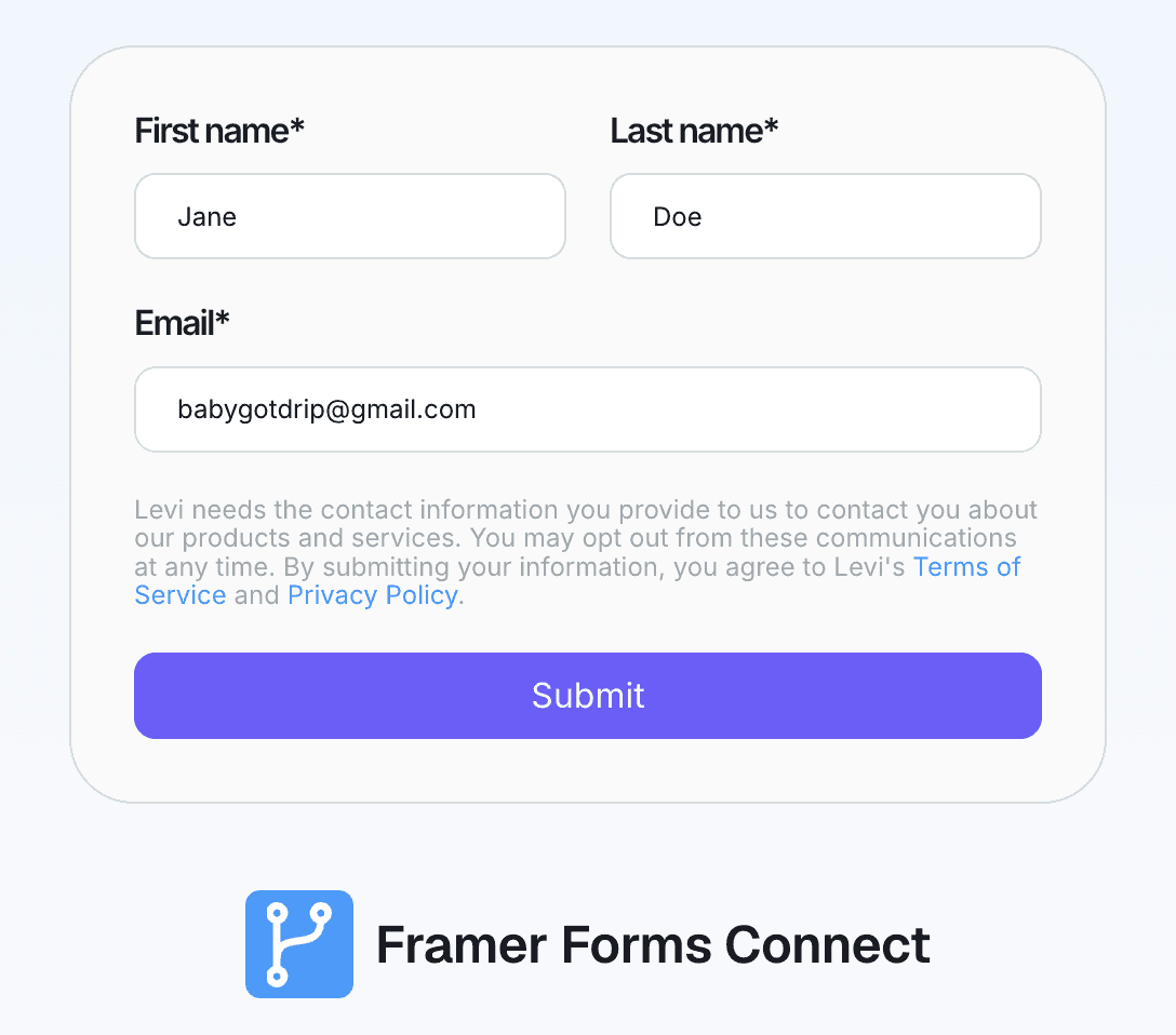 A custom multi-field form designed in Framer