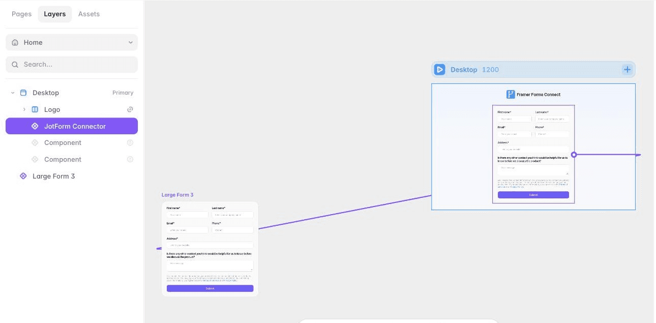 A custom multi-field form designed in Framer