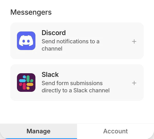 The Messengers section of the Framer Forms Connect plugin listing Discord and Slack