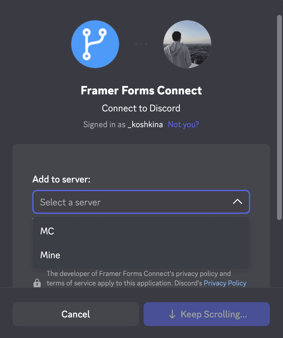 Discord asking which server to add Framer Forms Connect to