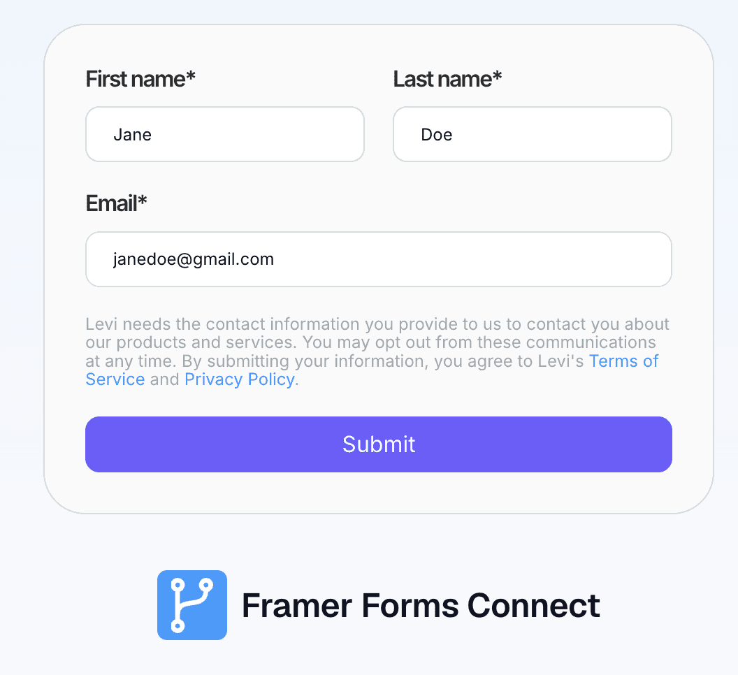 A custom multi-field form designed in Framer