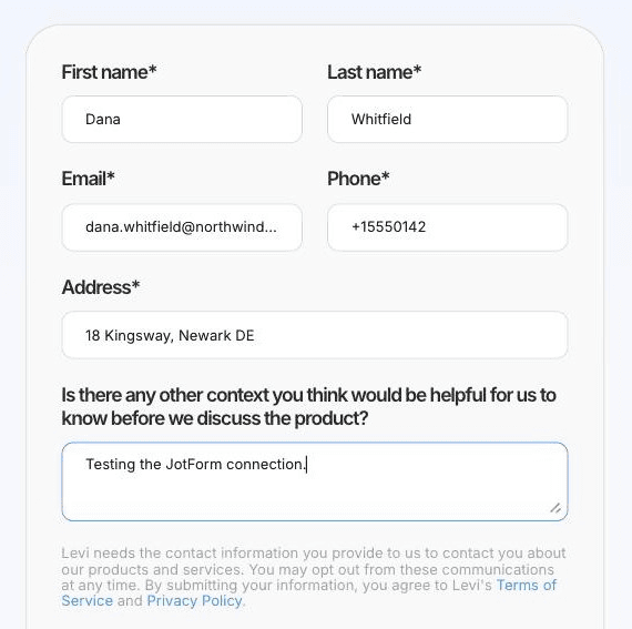 A custom multi-field form designed in Framer