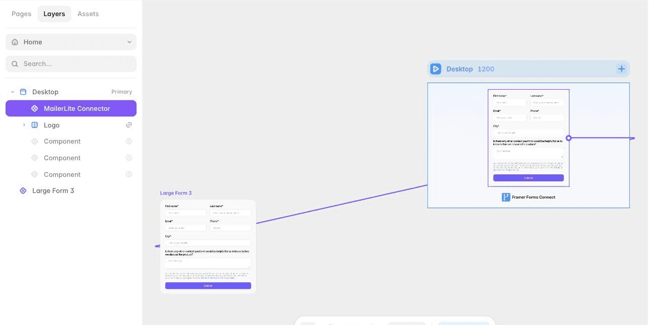 A custom multi-field form designed in Framer